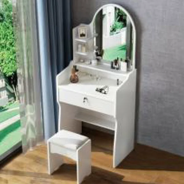 White vanity table with arched mirror, single drawer, and side shelves