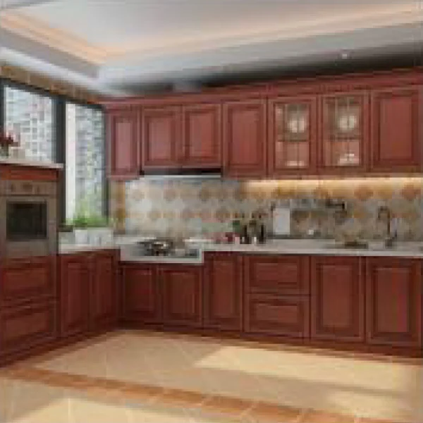 Kitchen cabinets with rich cherry wood finish and upper glass doors