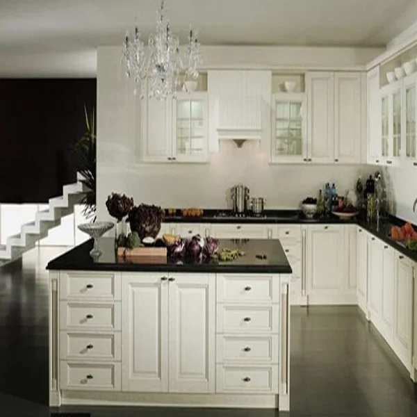 Kitchen cabinet with white wood finish and white drawers