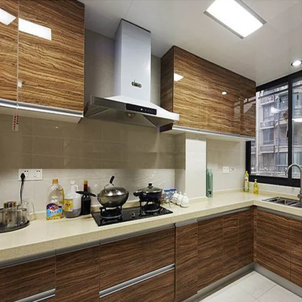 L-shaped kitchen cabinet with light wood and white finish
