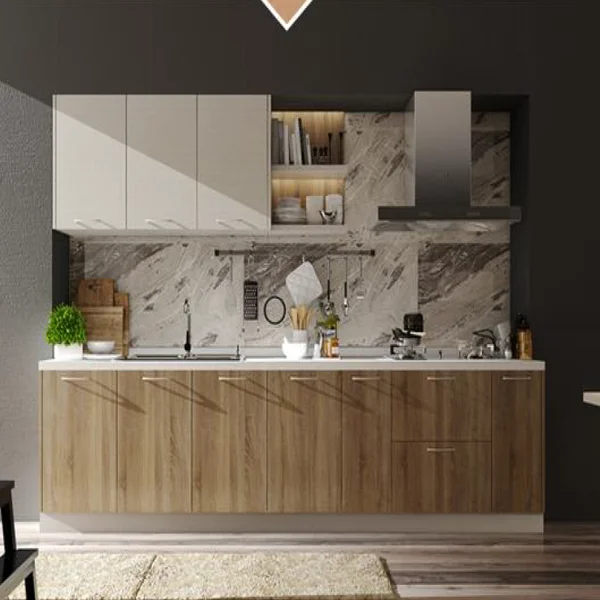 Kitchen cabinet with light wood finish doors and white drawers