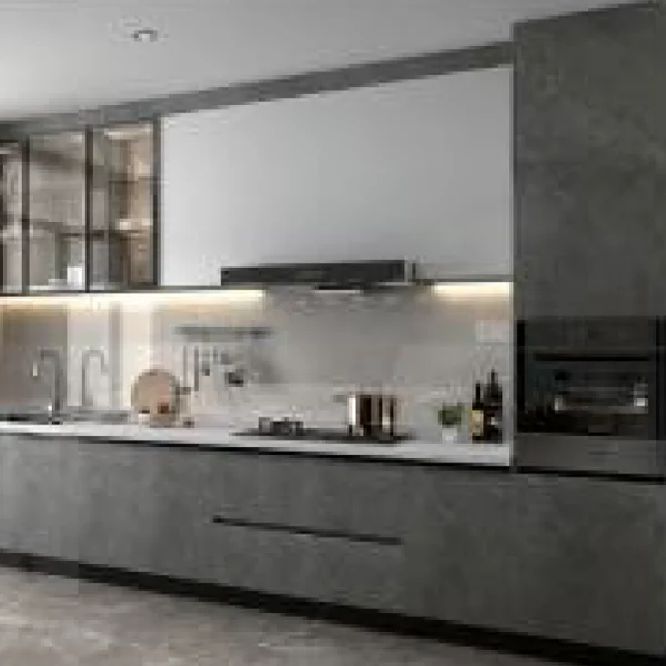 Kitchen cabinet with light wood panels and matte grey doors