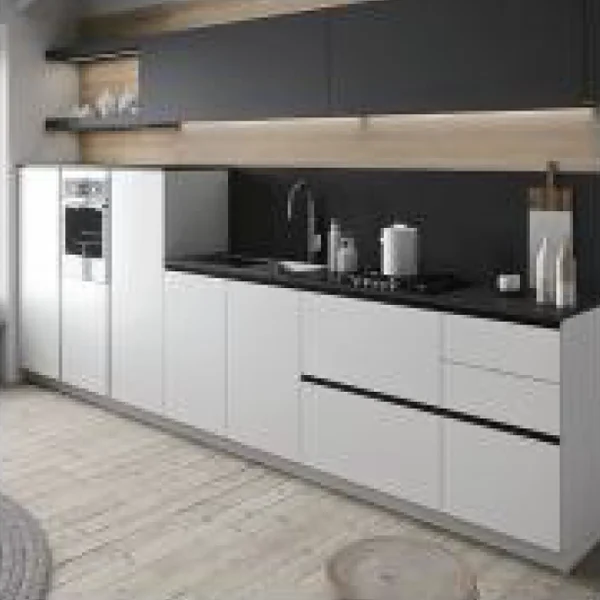 Warm white and black-finish kitchen cabinet with clean design