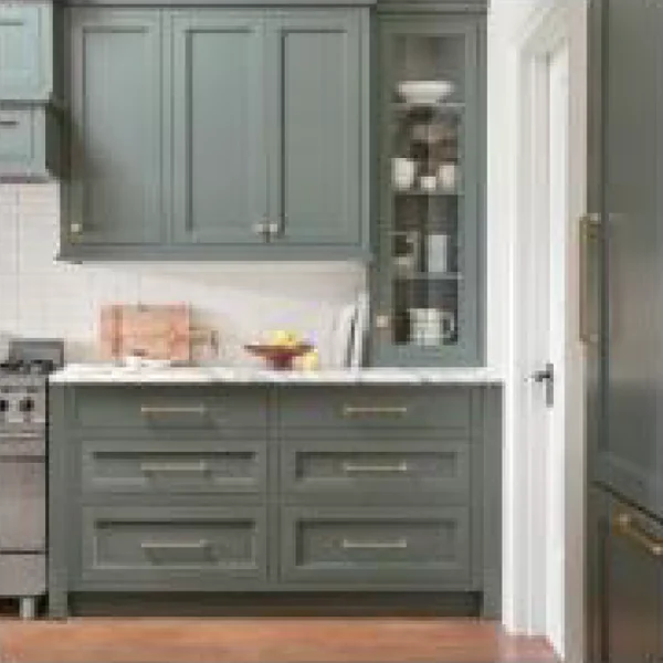 Kitchen cabinet with upper doors and natural wood lower panels fully green