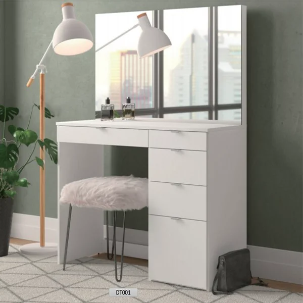 Sleek white dressing table with drawers and stool.