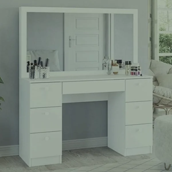 White dressing table with large rectangular mirror and multiple drawers
