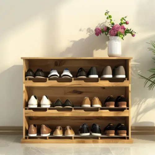 Wooden shoe cabinet in Qatar with multi-level shelves for organized footwear storage in modern homes