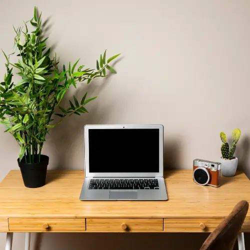 Minimalist wooden desk with a laptop, green potted plants, and a vintage camera against a beige wall.