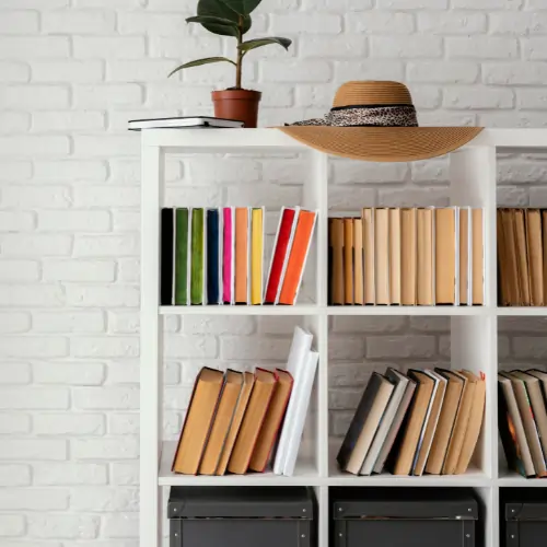 Modern white book shelf with neatly arranged books, a potted indoor plant, and a decorative hat against a brick wall background