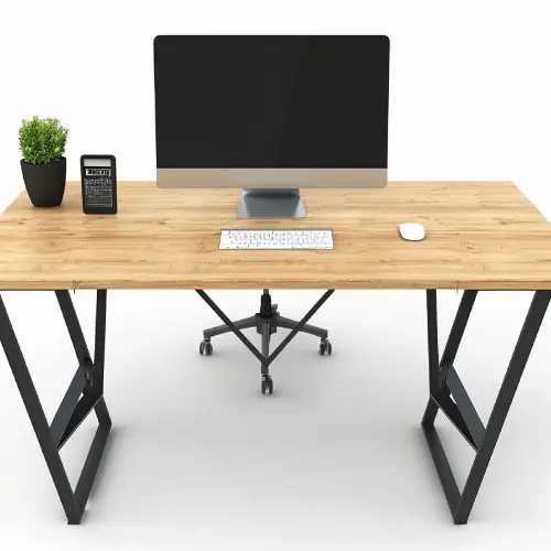 Modern wooden computer desk with desktop monitor, keyboard, mouse, potted plant, and calculator on a metal-frame desk.