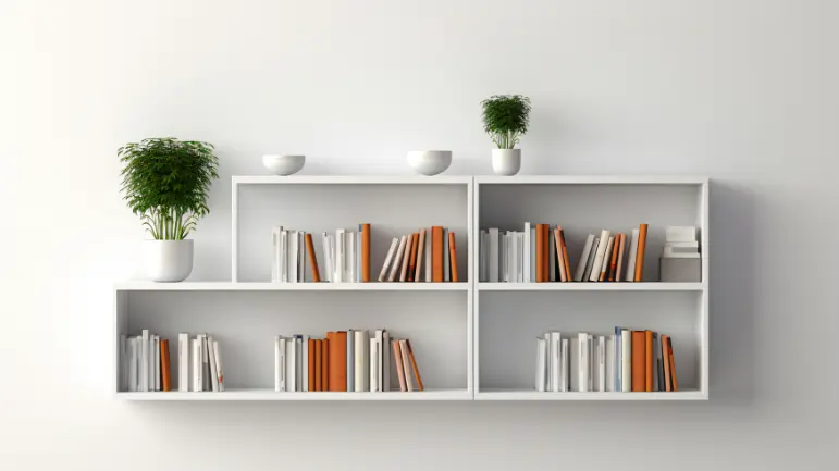 modern white bookshelf on wall with books and small potted plants