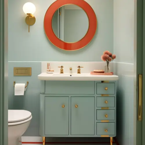 Pastel green bathroom vanity with gold hardware, round red-framed mirror, wall sconce, and modern decor.